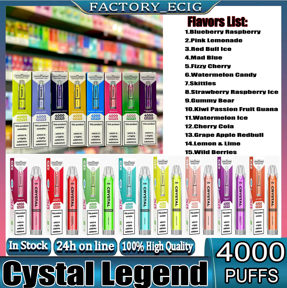 

Crystal Bar Legend Puff 4000 Disposable 2% E cigarettes 1350mAh Battery Capacity 12ml With 4000 Puffs Extra Vape Pen 100% Quality Vapors Wholesale kit