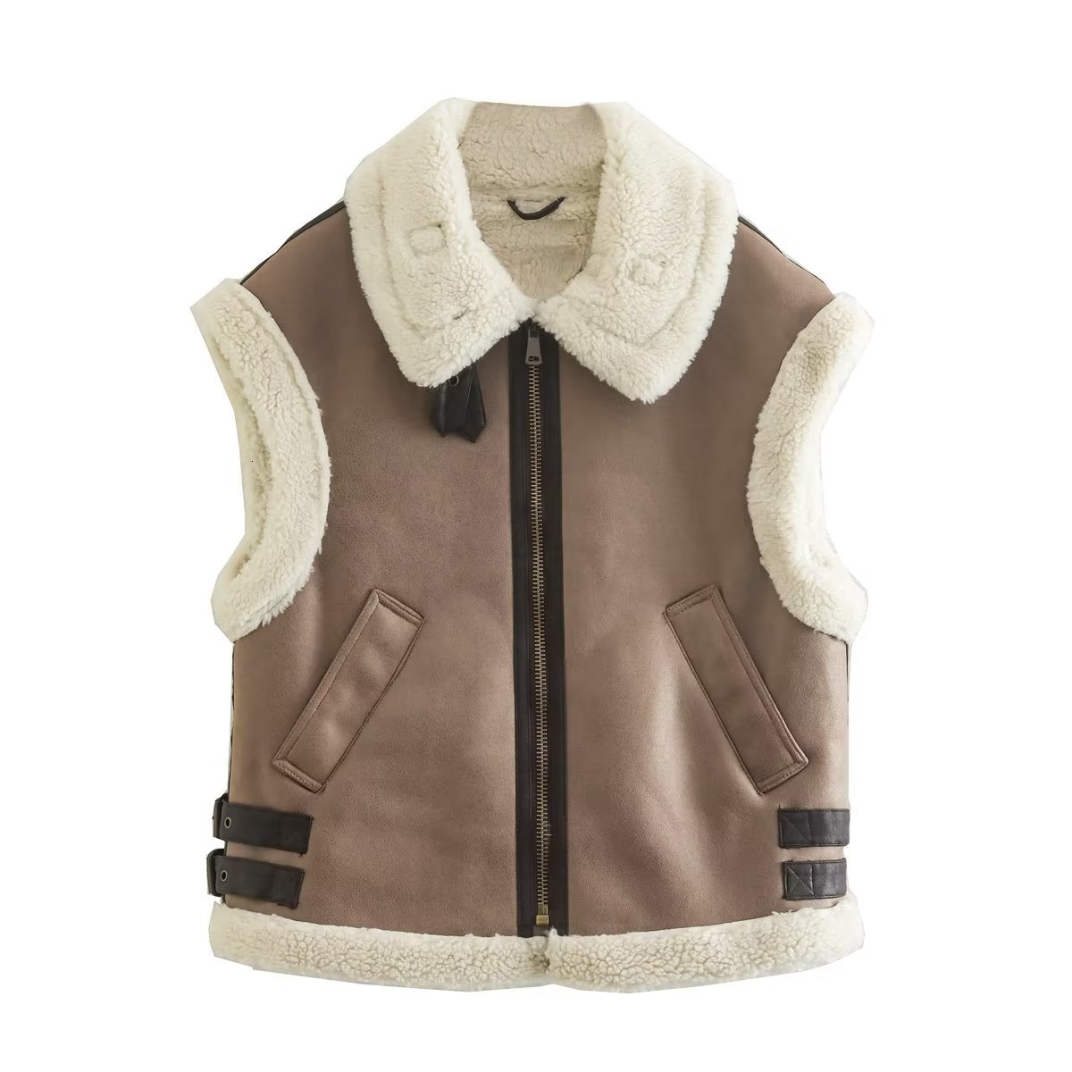 Women's Vests Fur Vest Women Faux Sheepskin Fur Waistcoat Chic Lady Faux Leather Fleece Warm Vest Woman Sleeveless Jacket Fall Winter 230302