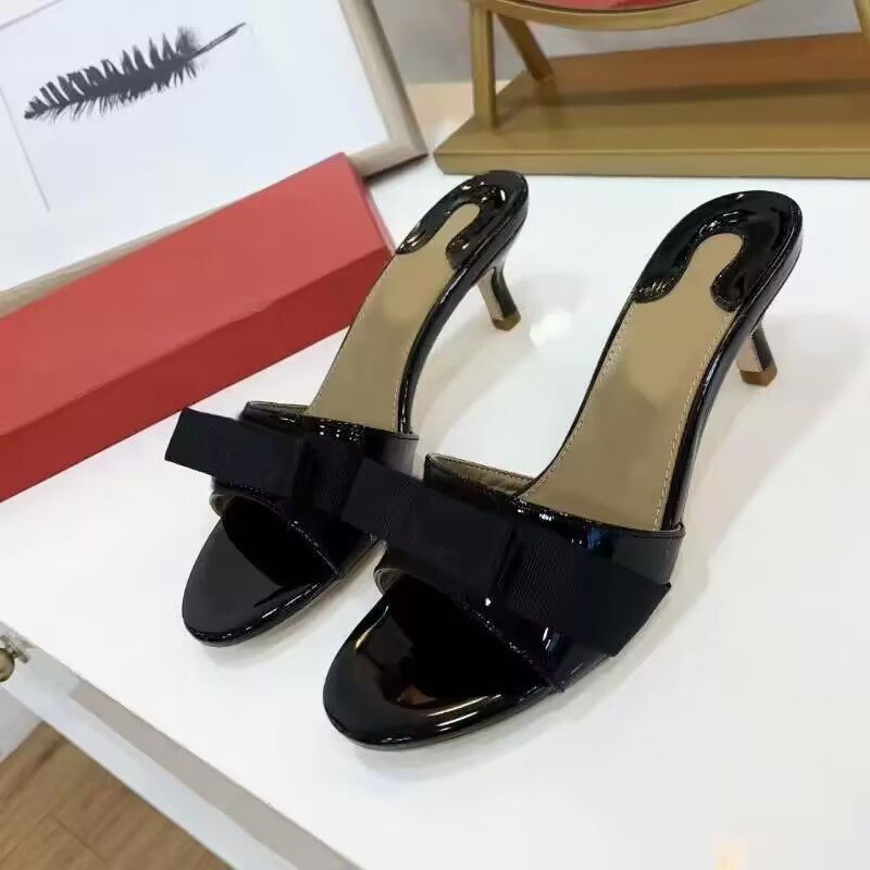

designer womens slippers 100% cowhide leather fashion bow Thin heels Slides woman shoe beach Lazy Sandals sexy Metal heel High heeled shoes Large size 35-41-42 With box, Blue