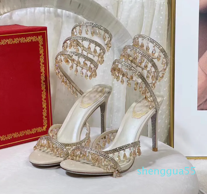 

stiletto Sandals Luxury Designer Rene caovilla Crystal chandelier Rhinestone twining foot ring high heeled womens shoes narrow band 10CM heel Sandal 35-43, Black