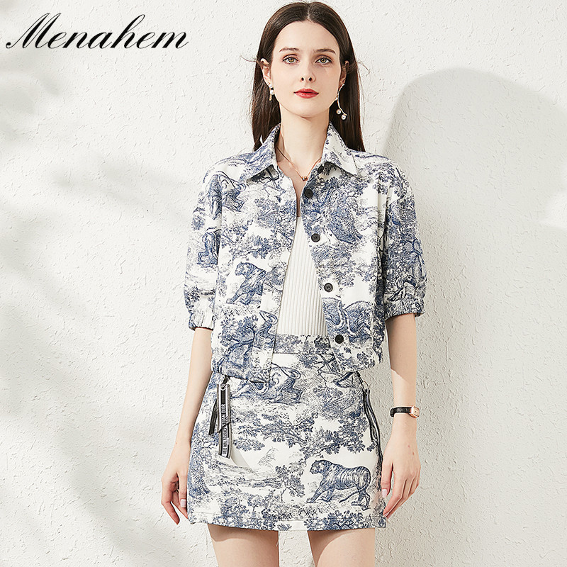 Two Piece Dress Menahem Fashion Jungle Animal Ink Print Set Women Half Sleeve Single Breasted Short JacketMini Skirt Cotton Suit 230302