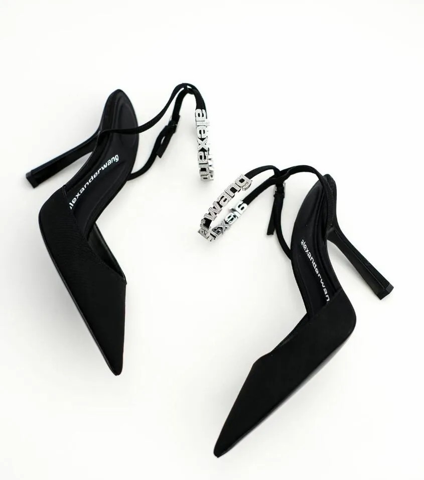 

Perfect A-Wang Delphine Sandals Shoes Pointed Toe Women Slingback Black Pink Pumps Covered Stiletto Heel Lady Wedding Party EU35-43