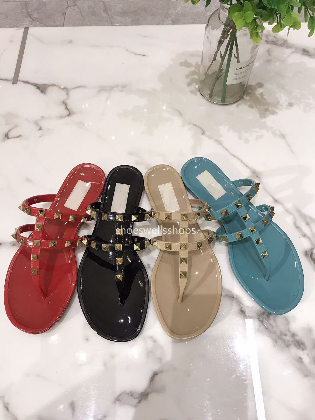 

Sandals Fashion Women Rivets slipper ladies Flat jelly candy color Slippers thong sandals Girls Flip Flops studded Summer Shoes Beach Valentinoity shoes, Black