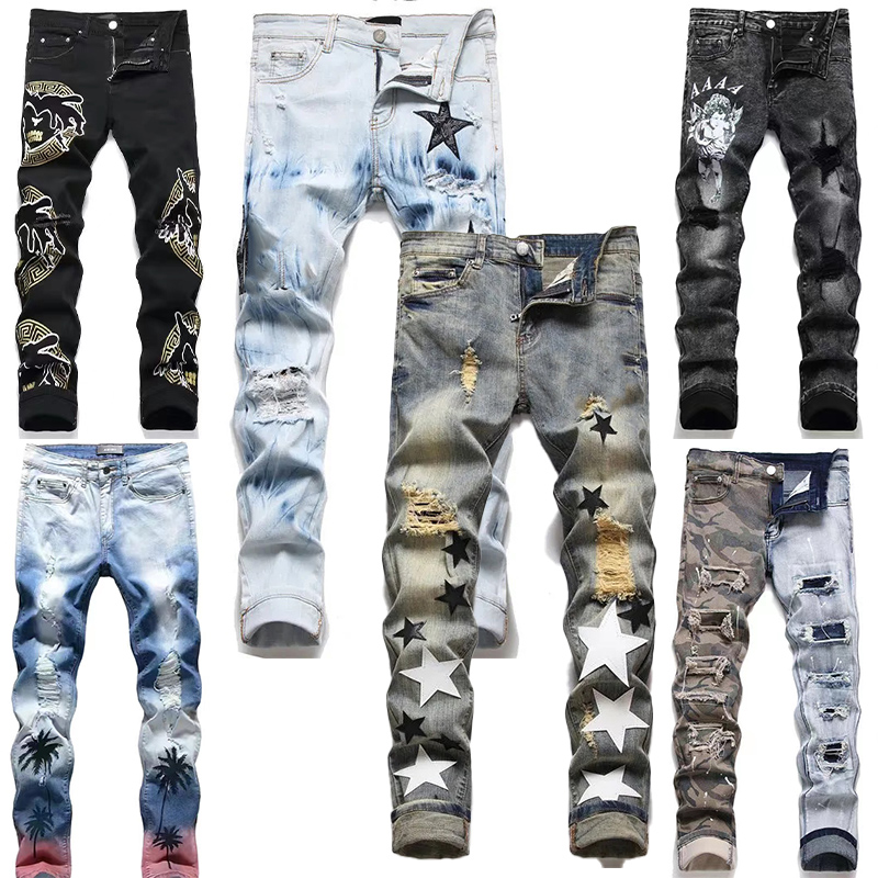 

Hiking Pant Ripped Embroidery amiri Mens Jeans Hip hop High Street Brand Pantalones Vaqueros Para Hombre Motorcycle Close Designer fitting Slim Pencil Pants