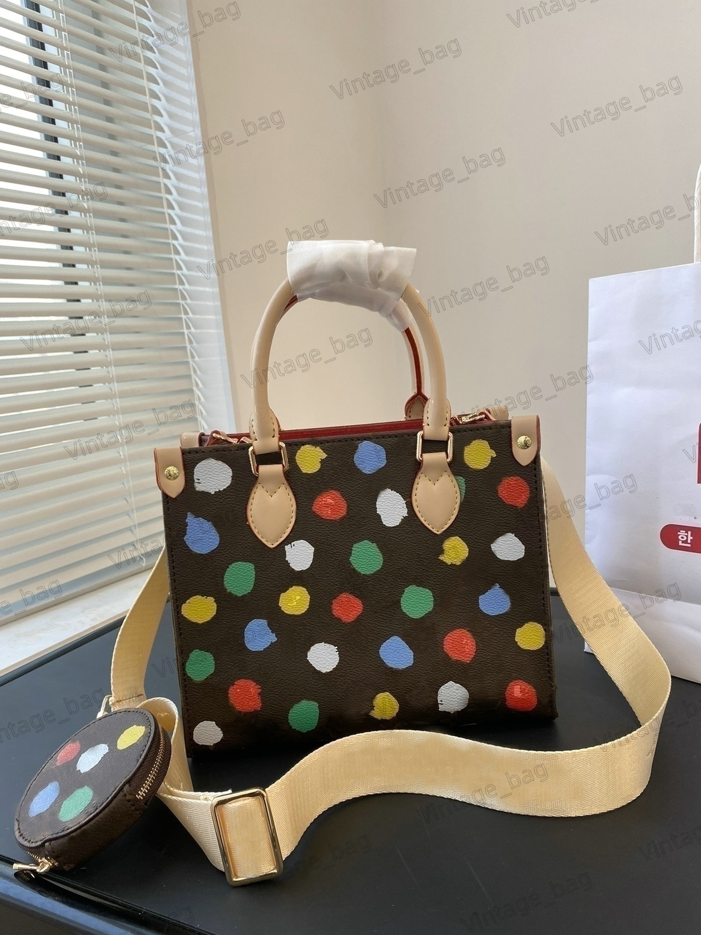 

Onthego Handbag Women Small Tote Top Handle Monograms Canvas 3D Dots Designer Shoulder Crossbody Bags Wide Strap with Removable Coin Purse M46380 M46373, Black gold chain