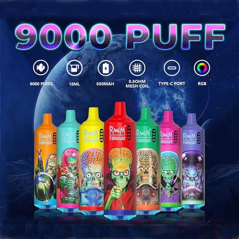 

Authentic RANDM TORNADO 9000 Puffs Disposable E Cigarettes Vape Pen 0/2/3/5 Vaporizer 18ml Device Rechargeable Battery Airflow Control MESH COIL