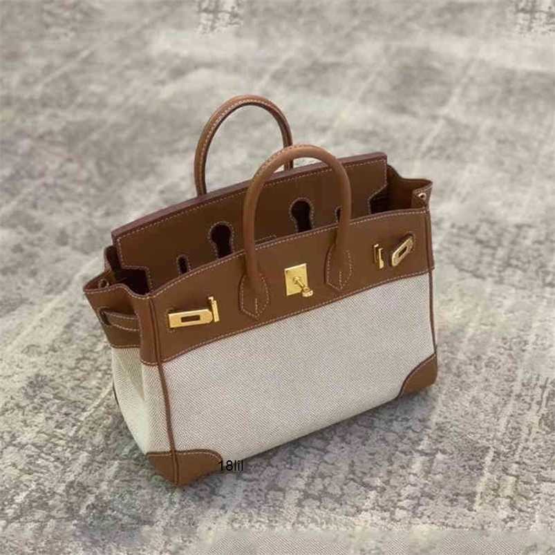 

Designer Herms Bags Birkin Ins wanghong womens 2022 leather bag top with canvas contrast platinum hand shoulder Have, Dark brown 25cm (with shoulder strap)