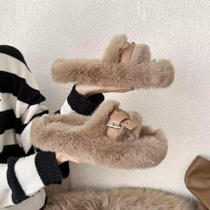 

Autumn And Winter Lovely Plush Slippers, Rhinestones, Buckles, Flat Shoes Personality Fairy Wind Soft Bottom Mute, White