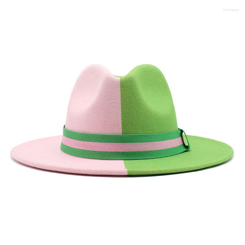 

Berets Patchwork Fedora Hat Colorful Two Tone Unisex Men Womens Panama Green Pink British Style Trilby Party Formal Cap, 02