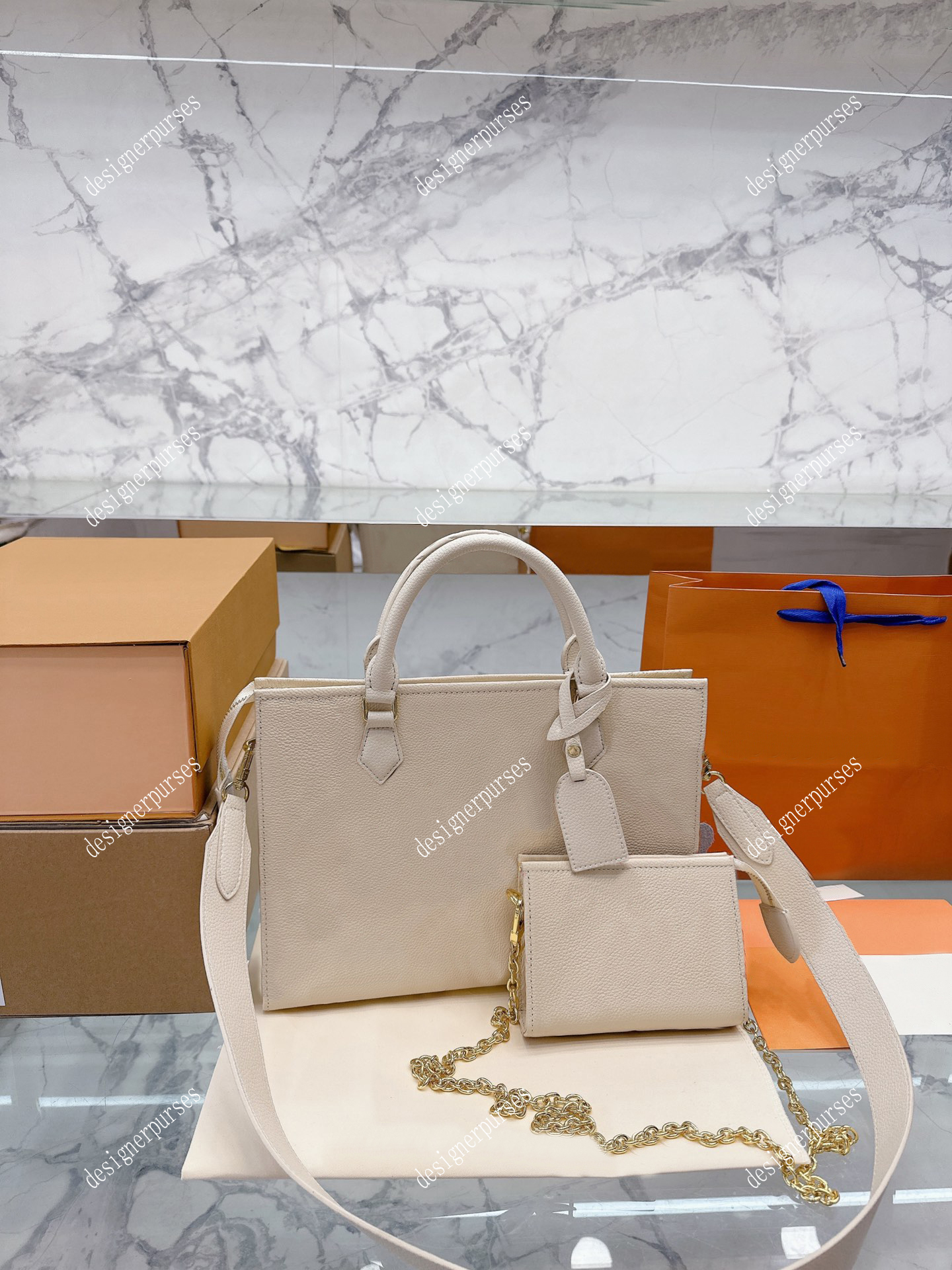 

TZ Luxury embossed cowhide tote bag Large capacity shopping bag Fashion handbags Designer totes Women shoulder crossbody bags 2-piece set Gold metal chain purses 32C, White