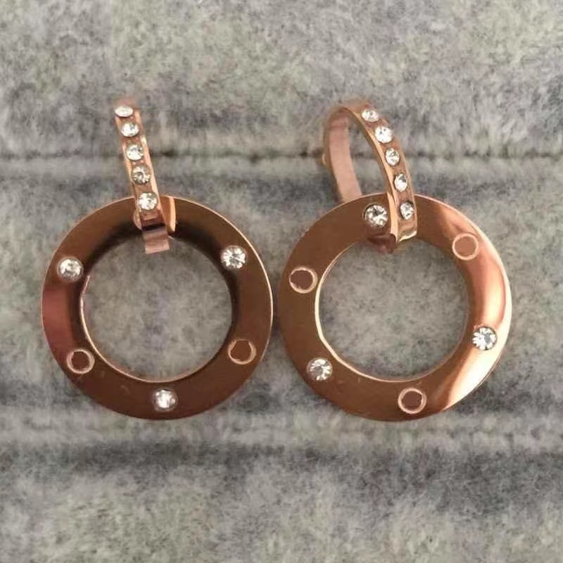

White Stone dangle Gold Silver Rose Colors Fashion Studs Mud Drill Classic design earrings Stainless Steel Ring Style love women Jewelry Wholesale