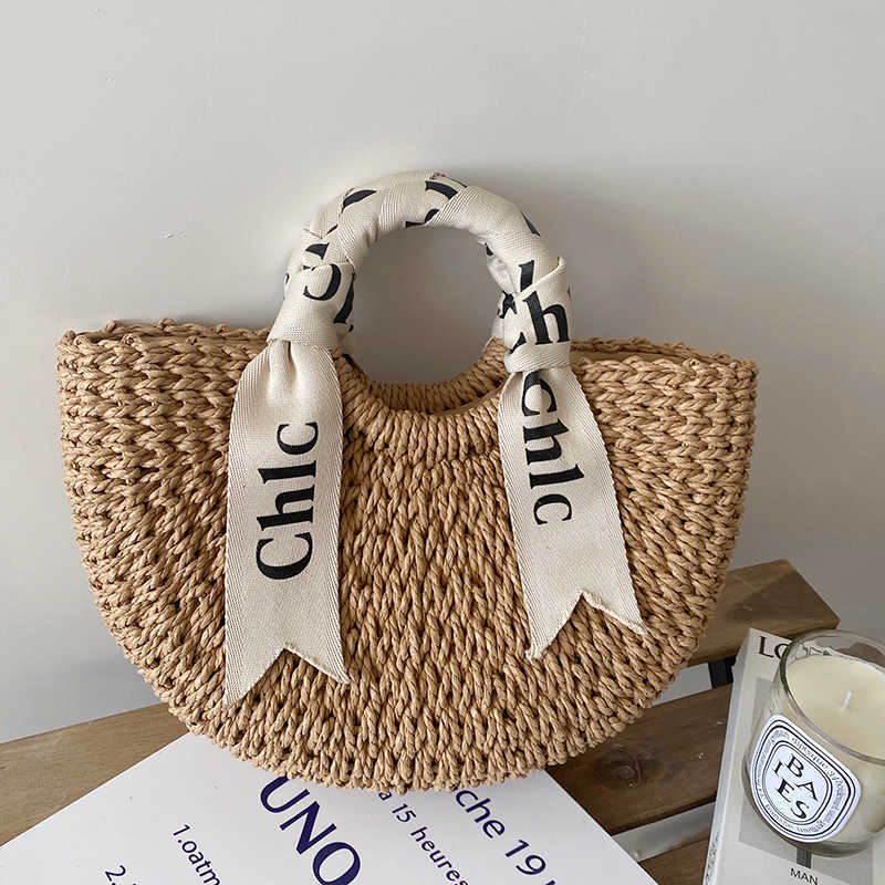

Totes Letter silk scarf hand-held str bag wild semi-circle woven women's rattan beach vacation photo Y2302, Small 30x20x6cm