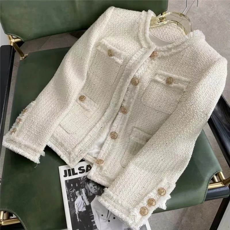 Women's Jackets White Tweed Short Jacket Women Fashion Elegant ONeck Single Breasted HighEnd Coat Fall Winter Warm Office Lady Casual Outwear 2