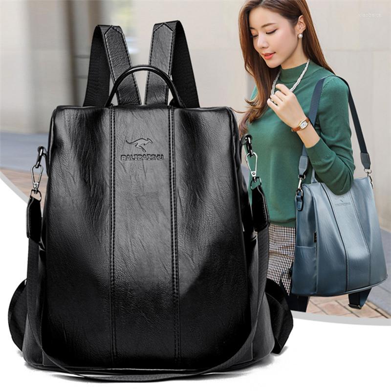 

School Bags Anti-theft Leather Backpack Women Vintage Shoulder Bag Ladies High Capacity Travel Girls Mochila Feminina, Black