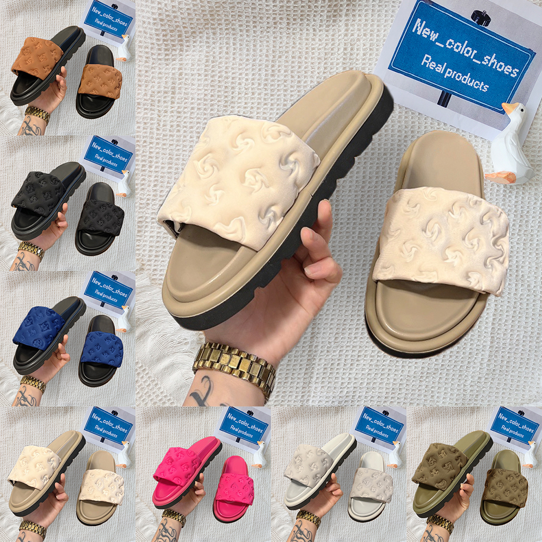 

Pool Pillow Flat Comfort Slippers Embossed Mules Designer Slides Womens shoes Summer classic nylon Cool luxury Slipper Sandals White printed Fashion mens Slide