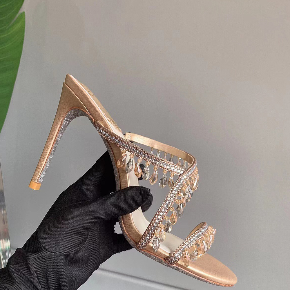 

Chandelier caovilla crystal Rene embellished strap slippers mules shoes Rhinestone spool Heel women's heels Luxury Designers heeled sandals 33Y8, Apricot
