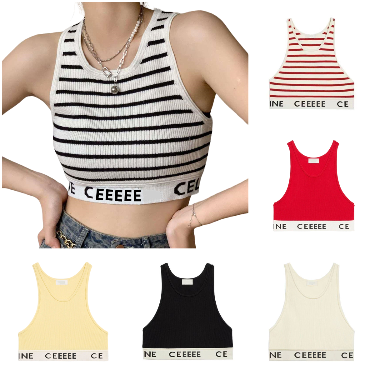 

CE LlNE Trendy Womens Designer Tanks Camis Top 2023 Line Summer Popular Ladies Sexy Crop Top Brand Solid Color Striped Letter Embroidered Tank Top Vest Shirt Tees, Gold