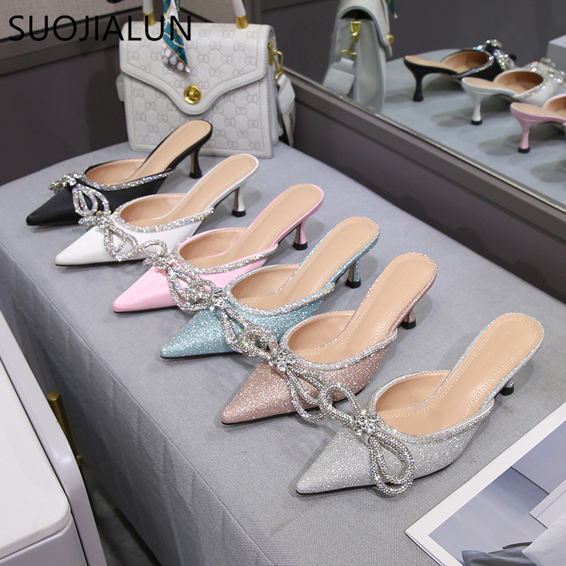 

Slippers SUOJIALUN Spring Women Slipper Fashion Bling Great Fabric Slip On Mules Shoes Ladies Crystal Bowknot Sandal Slides 230302, Black 1
