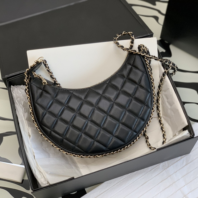 

7A spring and summer new leather women's bag crescent designer luxury 23P handbag crossbody shoulder classic fashion rhombus mini half moon wholesale gift box, Black