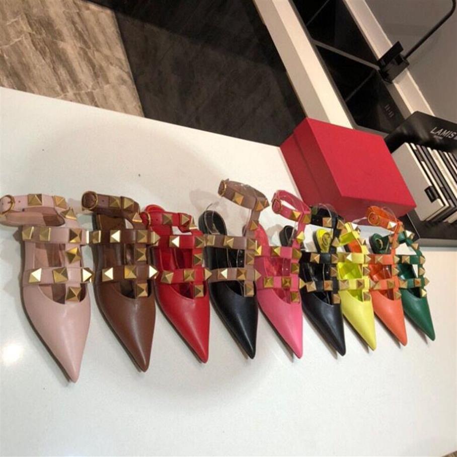 

2021 new pointed shallow mouth Baotou flat belt buckle candy color rivet rear empty sandals women's leather shoes285i, 13