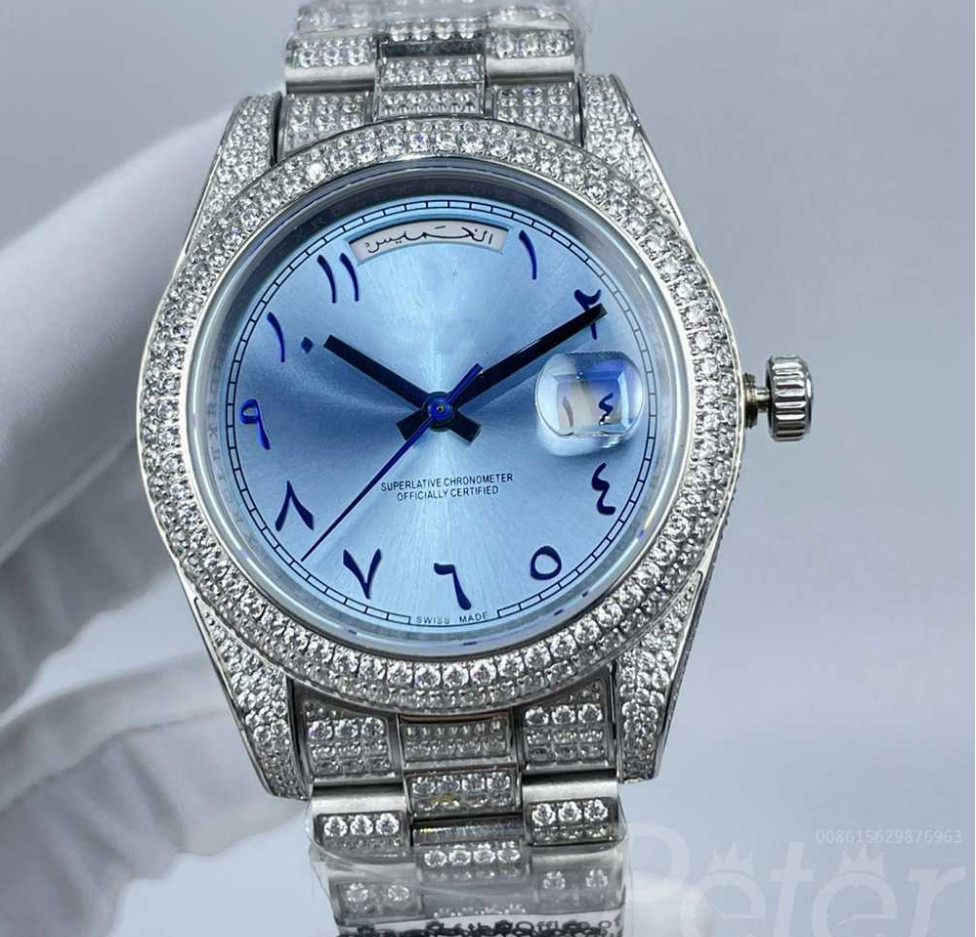 

full diamonds watch silver case 41mm blue dial arabic numbers arabic week and date automatic mechanical shiny Ice out wristwatch