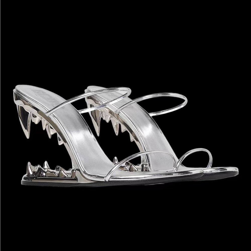 

Silver tooth shape Sculpted slippers high-heeled Metallic sandal open toes slides Narrowband Fashion GCDS slipper for street style women luxury designer shoes, Black