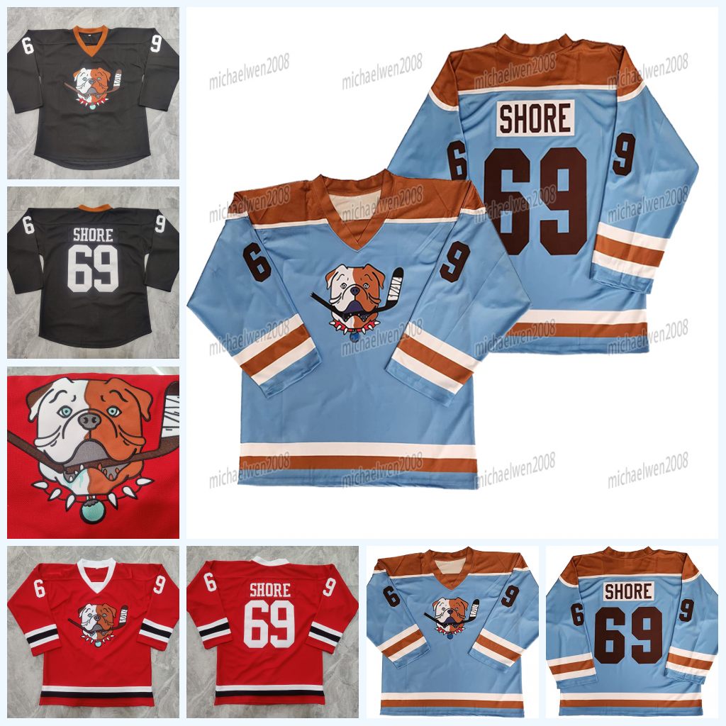 

In Stock 69 Shoresy Sudbury Blueberry Bulldogs Hockey Jersey Black Red Blue