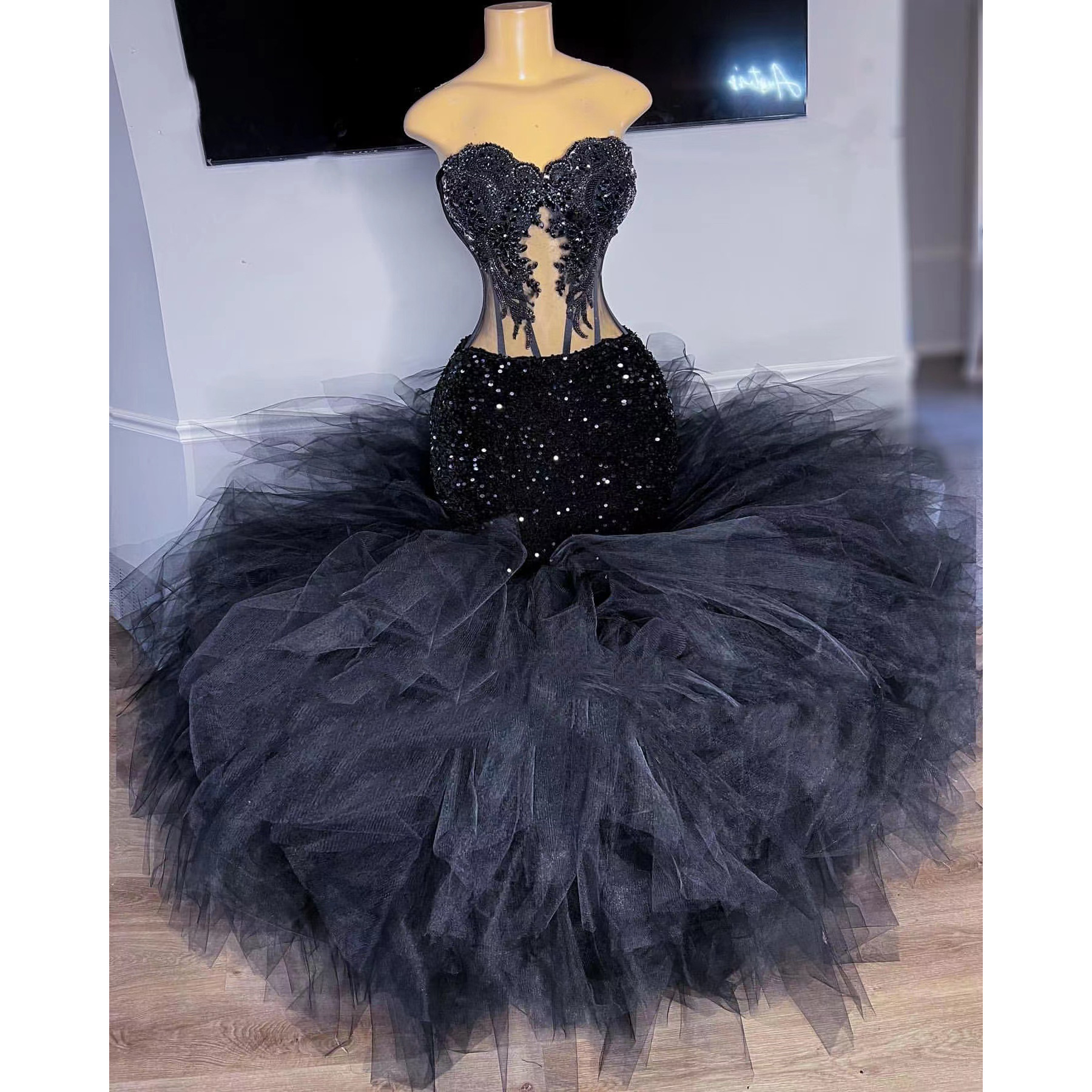

Charming Black Prom Dresses Sweetheart Sequined Strapless Illusion Ruffles Formal Sexy Evening Dress Vestido De Fiesta, Gold