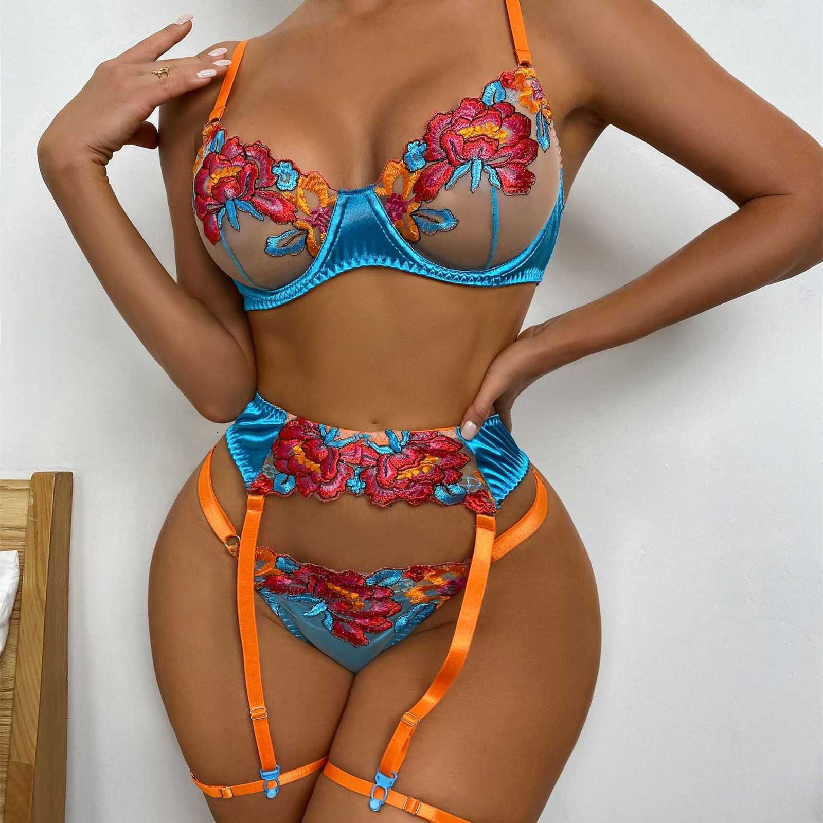 Other Panties Porn Thong lingerie sexy eroticYimunancy 3-Piece Contrast Color Lace Bra Set Women 10 Colors Embroidery Panty Underwear Ladies Blue-image-845680458