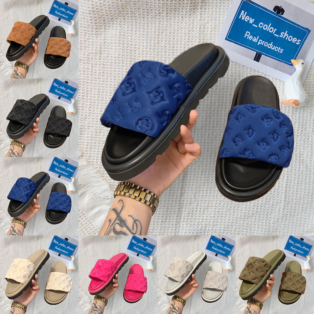 

Pool Pillow Flat Comfort Slippers Embossed Mules Designer Slides Womens shoes Summer nylon Cool luxury Slipper Sandals White printed Fashion mens Slide 2023 style