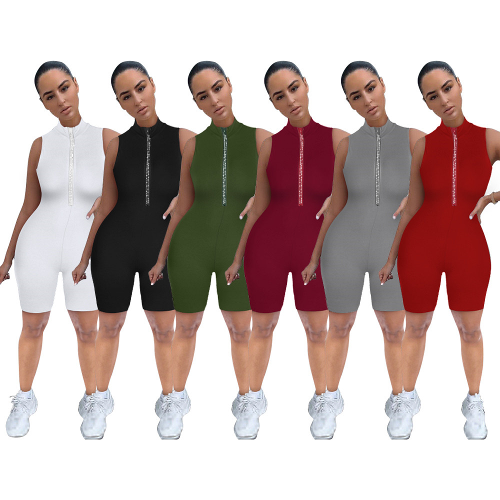 

2023 Designer Summer Rompers Women Sleeveless Jumpsuits Casual Solid Zipper Bodycon Playsuits One Piece Outfits Overalls Bulk Wholesale Clothing 9376, White