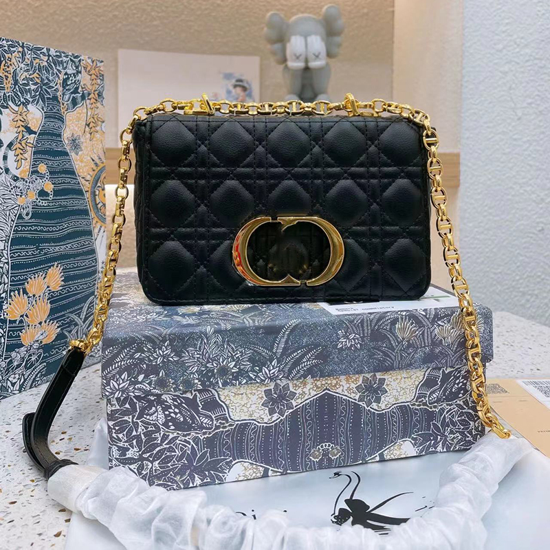 

Designer Crossbody Caro Bag Black Medium Calfskin Small Leather Adjustable Shoulder Strap Flap Closure With Cd Twist Clasp Antique Gold tone Metal Hardware