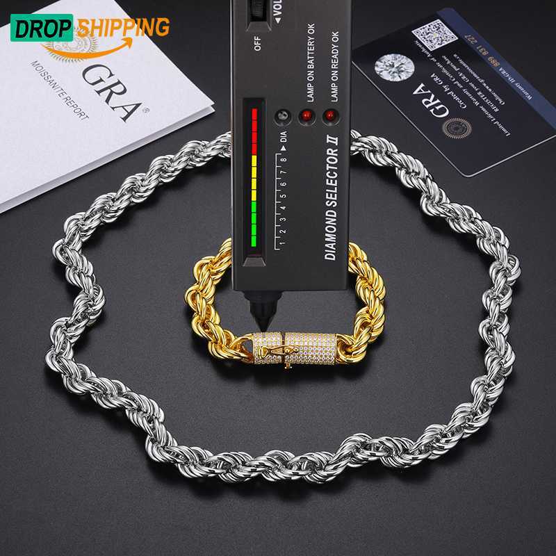 

Dropshipping 6mm 12mm 18k Gold Plated 925 Sterling Silver Vvs Moissanite Diamond Iced Out Clasp Rope Chain Necklace for Men