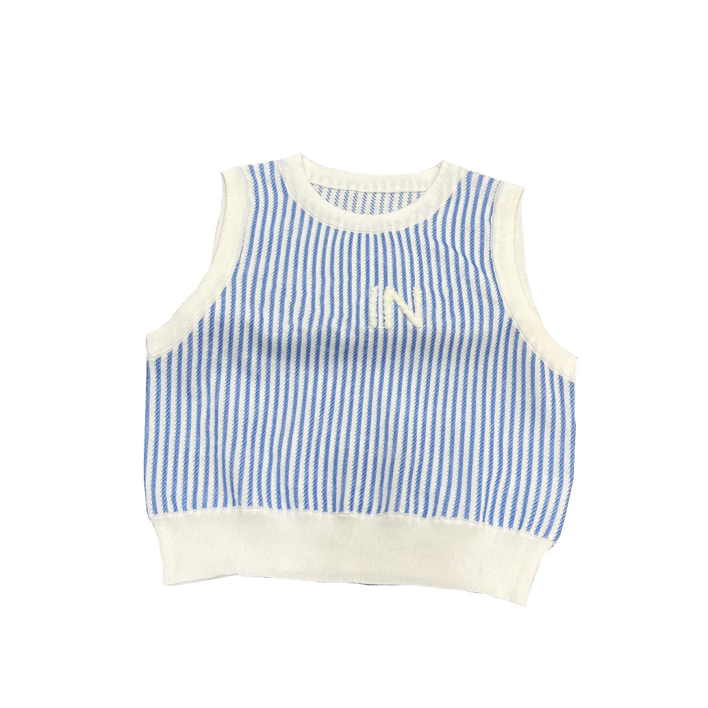 

Fashion Stripe Knits Vest Women Crew Neck Tees Casual Style Knitting Vests Spring Summer Knit Tees, Blue