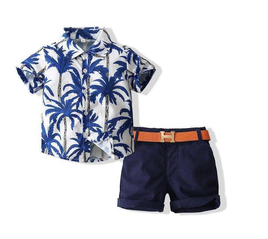 

Kids Baby Clothing Boy Clothes Girls Jacket Summer Short Sleeve Floral Printed Shirt Shorts Pants Outfit Children Set Boys Sets, Blue