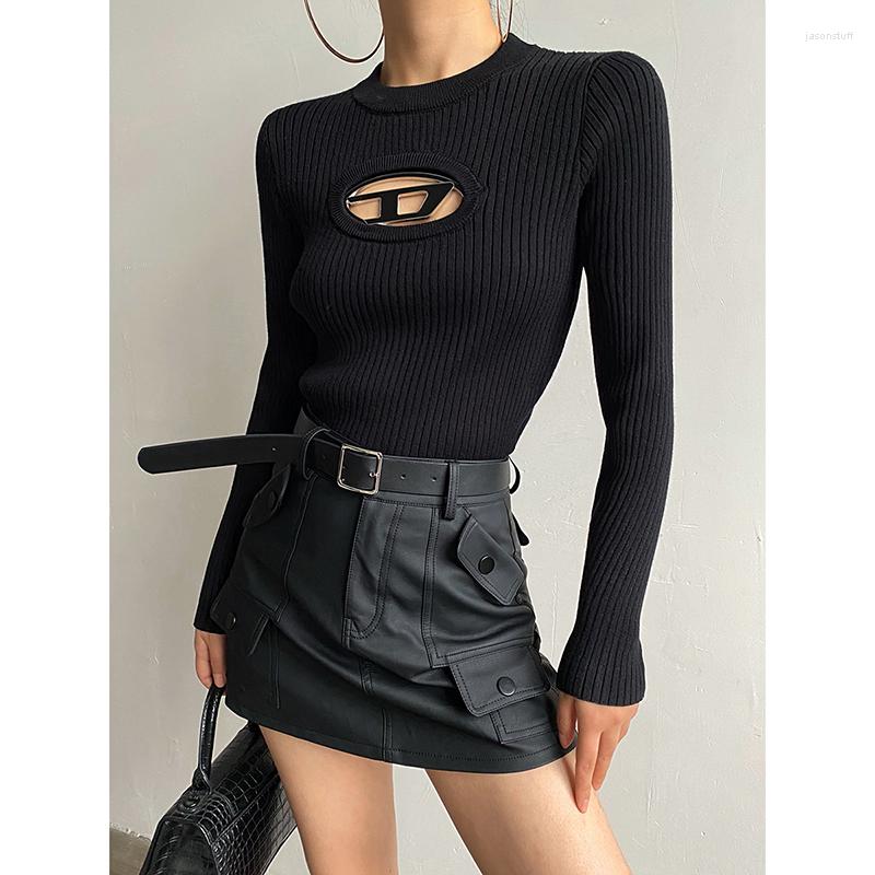 

Women' T Shirts White Niche Design Knitted Long-sleeved Round Neck Blouse 2023 Autumn Hollow Metal Retro Personality All-match Sweater, Black