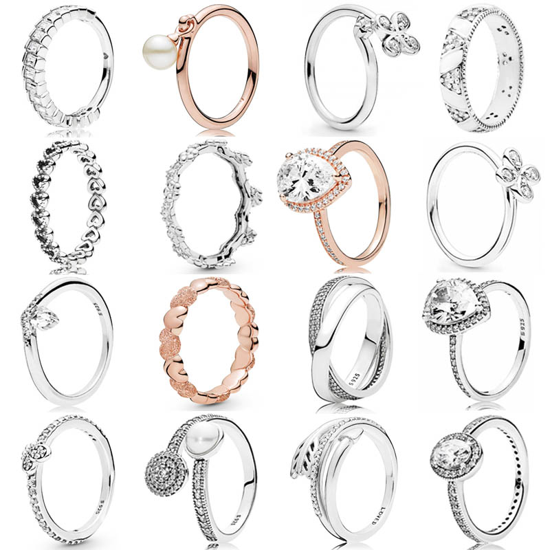 

925 Silver Women Fit Pandora Ring Original Heart Crown Fashion Rings Openwork Vintage Linked Love Heart Pearl Radiant Glow Arrow
