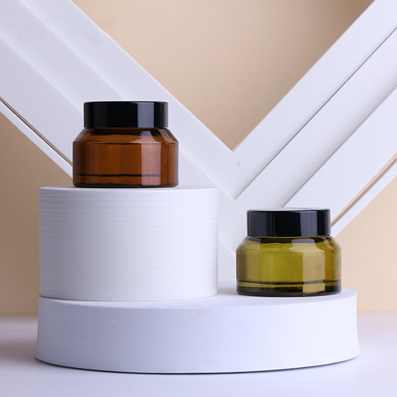 

Cosmetic Bottles 15g 30g 50g Amber Green Empty Glass Facial Cream Jar Pots Cosmetic Container Black Lid Glass Bottle Travel Packing