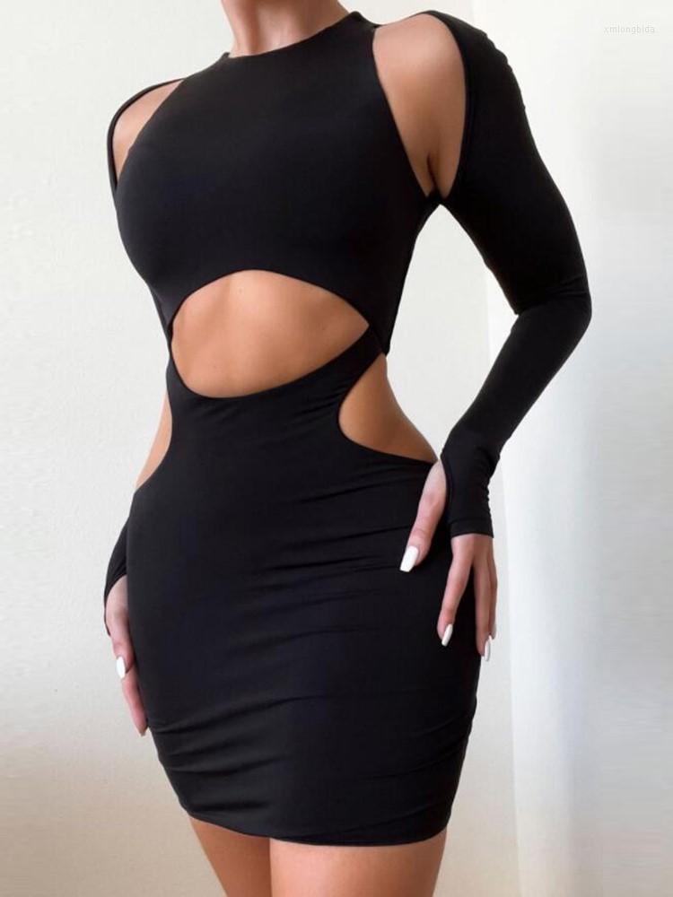 

Casual Dresses Hollow Out Sexy Black Dress Soild Bodycon Cotton Long Sleeve Mini Robes Fashion Club Party Women Clothes Vestido Elegante