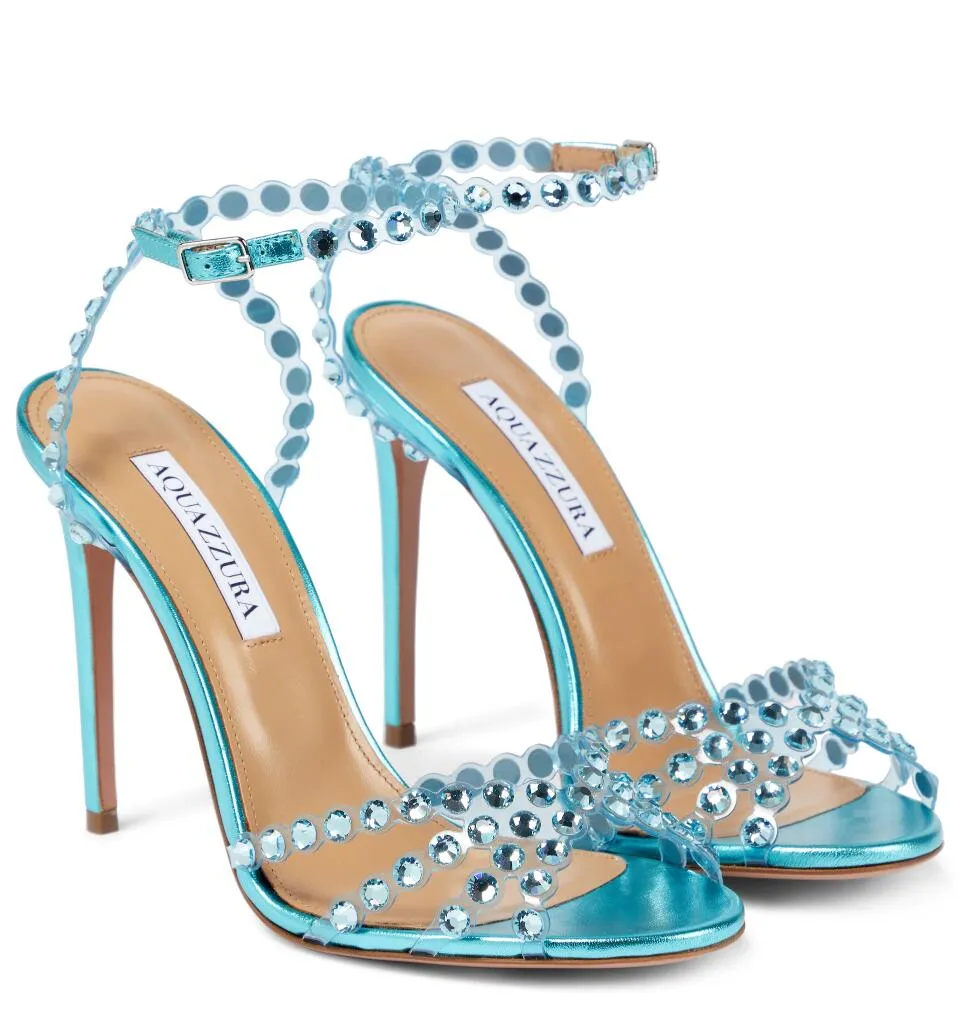 

Luxury Summer Brand Women Tequila Sandals Shoes Aquazzuras High Heels Lady Pumps Crystal-embellished Dress Bridal Wedding Gladiator Sandalias EU35-43, 10