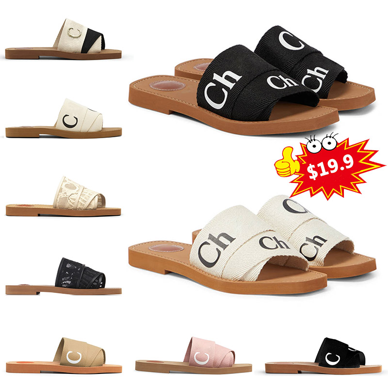 

Designer Luxury Woody Sandals Women Lady Mules Sliders canvas black white black pink beige blue bone lace Lettering Fabric womens outdoor slippers shoe, 22