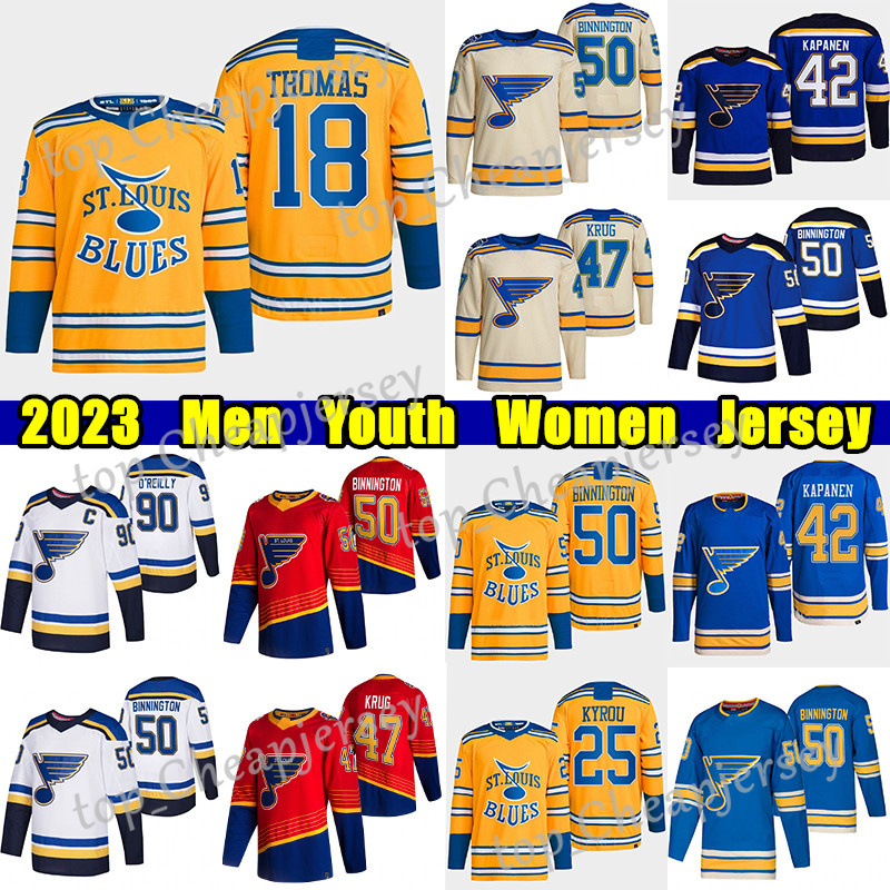 

#18 Robert Thomas Reverse Retro hockey jersey #50 Binnington St. Blues#25 Kyrou #90 Ryan O'Reilly Brayden Schenn Colton Parayko Torey Krug Kasperi Kapanen jerseys, Blue new reverse retro women
