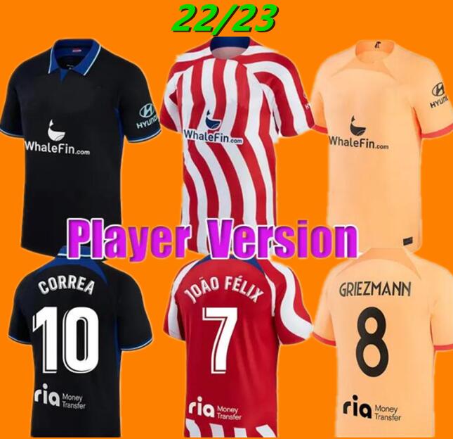 

Player soccer jerseys 22 23 JOAO FELIX 2022 2023 M. LLORENTE SUAREZ Correa camiseta football shirts uniforms men Set GRIEZMANN R. DE PAUL CARRASCO Atletico MadridS, 22/23 player version