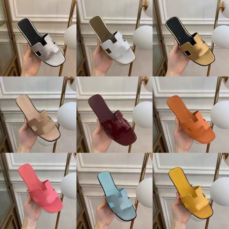 

Luxury designer leather ladies sandal summer flat shoes fashion beach women slippers H. letter drag 35-42, 26