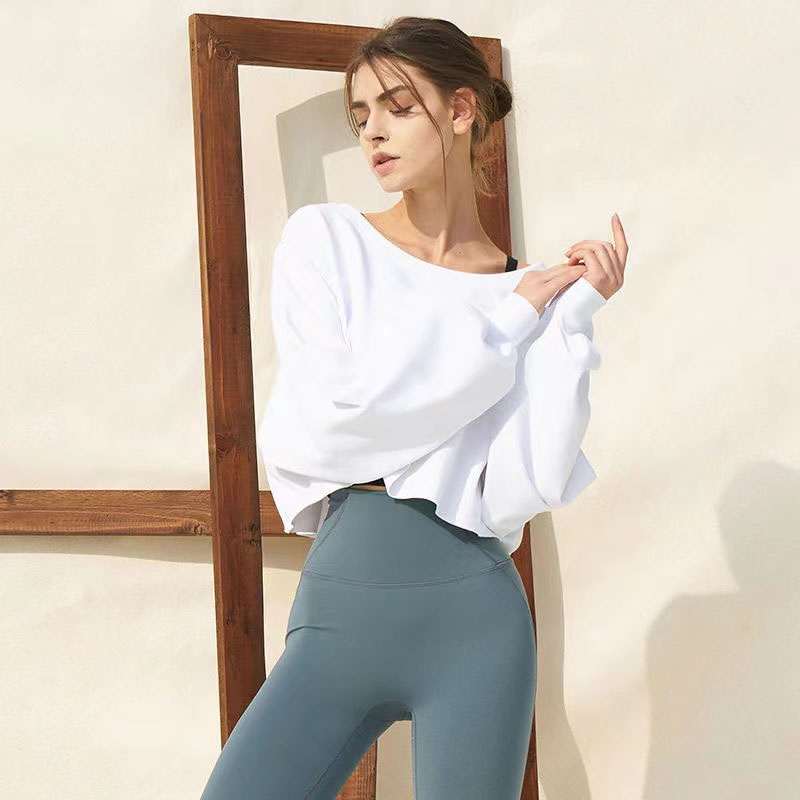 

Designer Alos Yoga t shirt Fitness Top Short Loose Patchwork Sweater Sports Dance Long-sleeved T-shirt Wearing Blouse, White