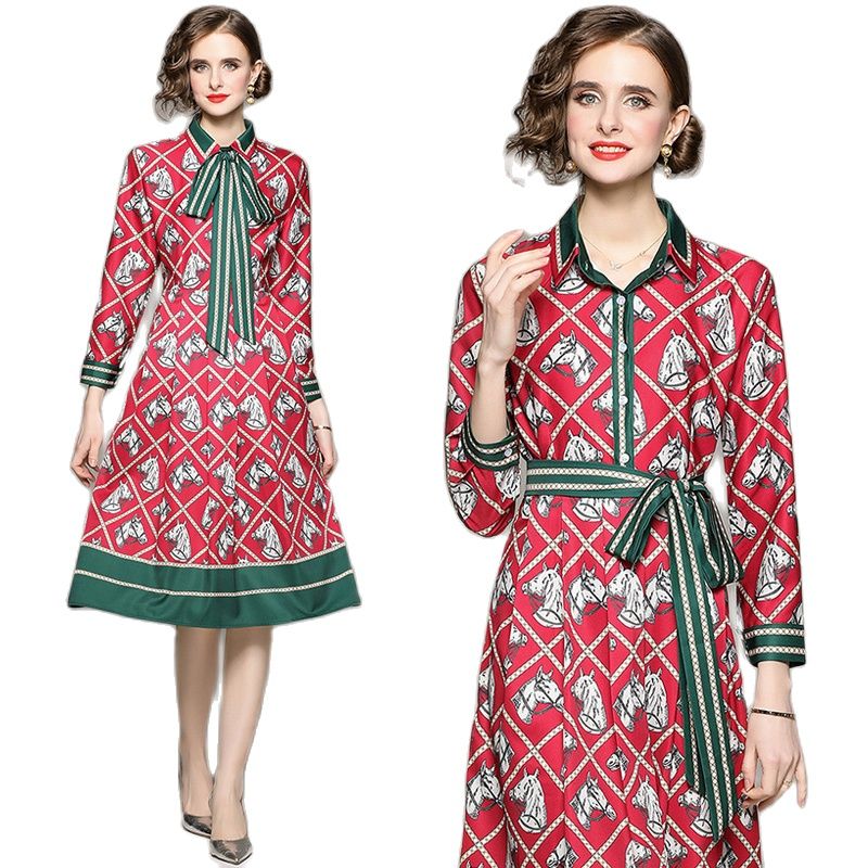 

Red Plaid Animal Print Lace-Up Bow Midi Dress Long Sleeve 2023 Designer Runway Fashion Women Casual Holiday Dresses Button Front Elegant Ladies Office Party Clothes, Green