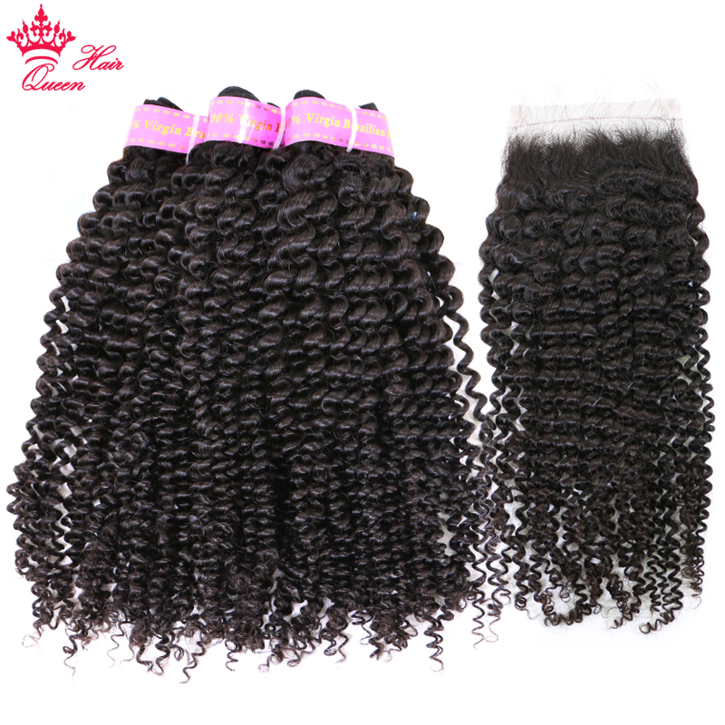 

100% Brazilian Virgin Human Raw Hair Bundles With Closure Kinky Curly Natural Color 1B Bundles With Lace Closure Free Shipping