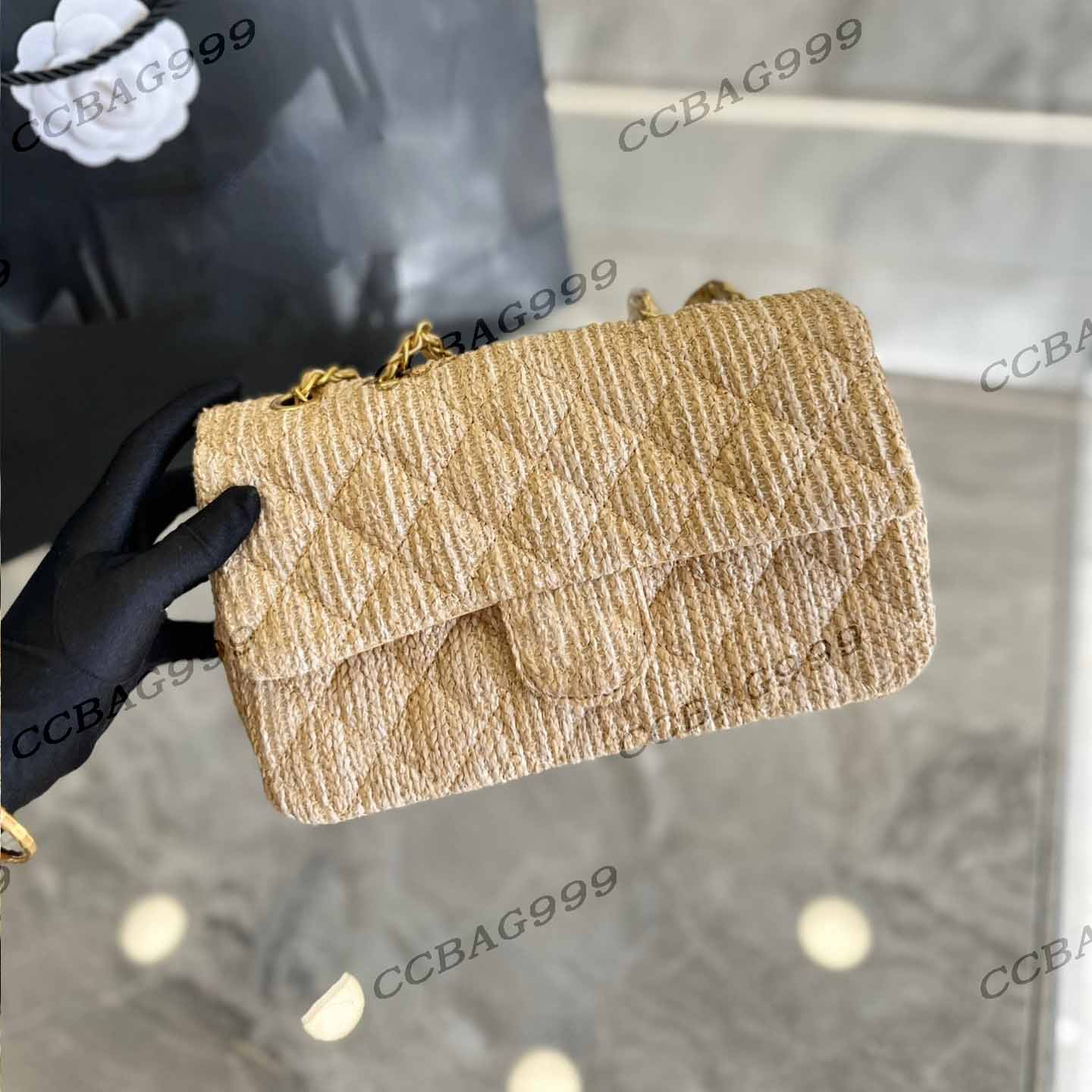 

Cf Straw Woven Chain Bag Summer Classic Flip Bag Gold Tone Metal Quilted Diagonal Shoulder Chain Lady Luxury Designer Handbag Outdoor Portable Coin Purse 25cm, Box