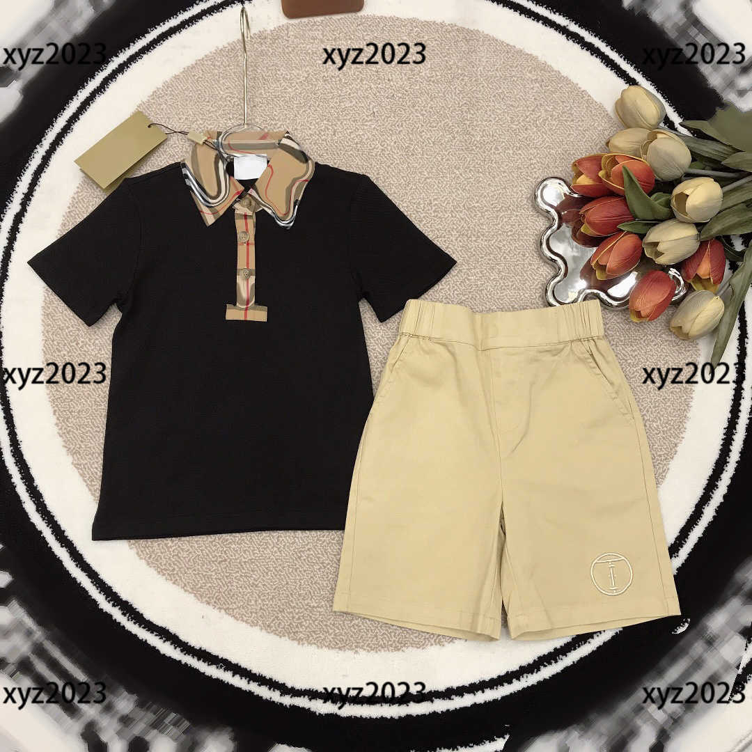 

KIds Clothes Child Sets Baby Plaid lapel T-shirt and solid color shorts 2pcs Summer outdoors Tracksuit SIZE -150 CM Mar01, Black
