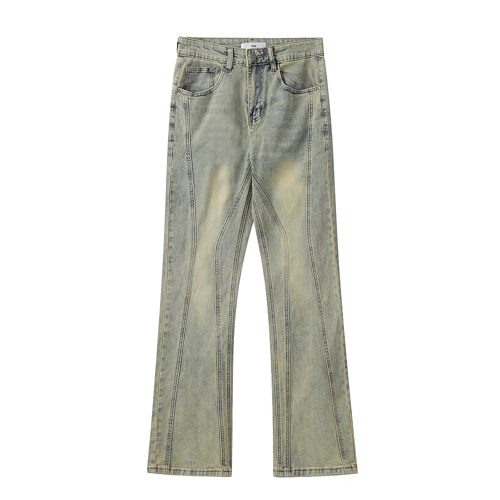 

Yellow Washed Striped Jeans Flare Pants Male and Female Straight Casual Cargos Hip Hop Baggy Denim Trousers